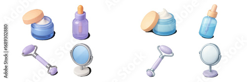 Collection of skincare cosmetic products for a daily beauty routine including cream jar, serum bottle, facial roller, and mirror