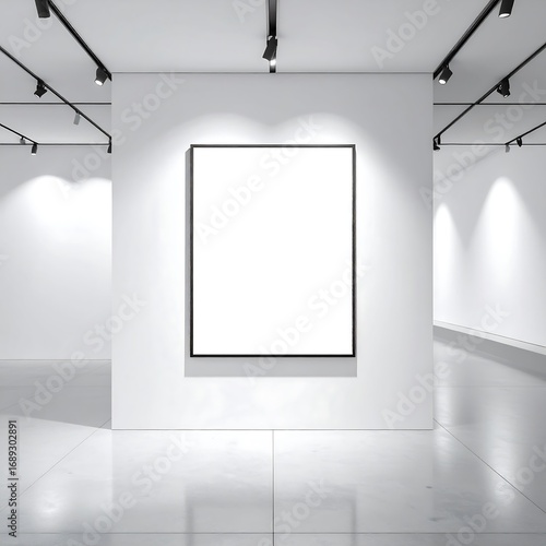 Blank white picture frame mockup on white gallery wall with track lighting and reflective floor