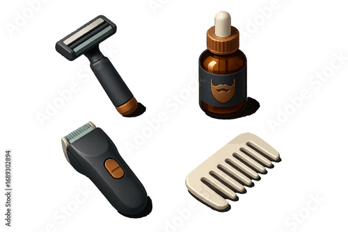 Isometric men's grooming and beard care kit with razor, electric trimmer, comb, and beard oil bottle on a white background