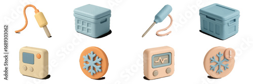 3D isometric icon set for cold chain logistics, medical transport, and cryopreservation featuring a cooler box, temperature sensor, and vital signs monitor