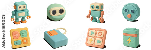 3D icon set of cute pastel robots and technology elements with a claymation style for user interface design