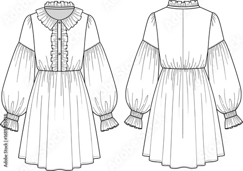 Ruffle collar dress flat sketch, long sleeve design, gathered waist, cad drawing template, fashion vector illustration, front back view