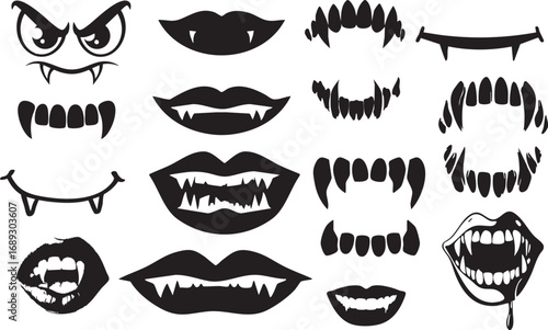 Vampire Teeth Silhouette Vector Set – Vampire Woman, Vampire Girl, Vampire Fangs, Vampire Lips, Vampire Bite, Halloween Vampire Graphics