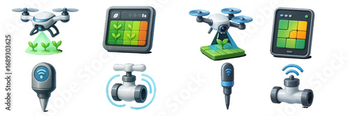 Smart farming technology icon set with drone, soil sensor, and irrigation control for modern agriculture management