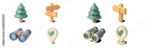 3D travel and nature icon set with pine tree, wooden signpost, binoculars, and eco map pin for camping and hiking themes