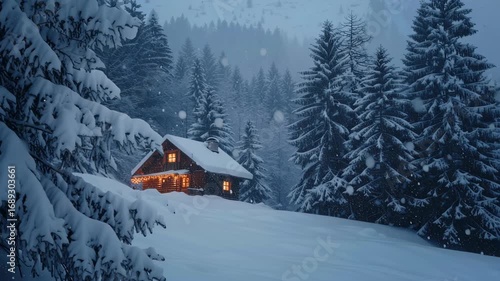 Snow gently falling on a small cabin in the forest, surrounded by pine trees covered in snow