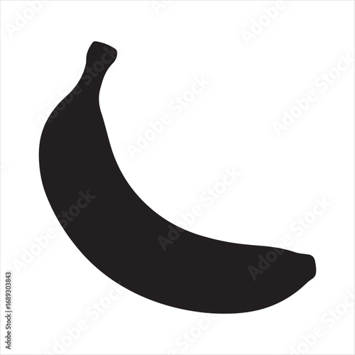 Simple black silhouette of a ripe banana against a clean white background