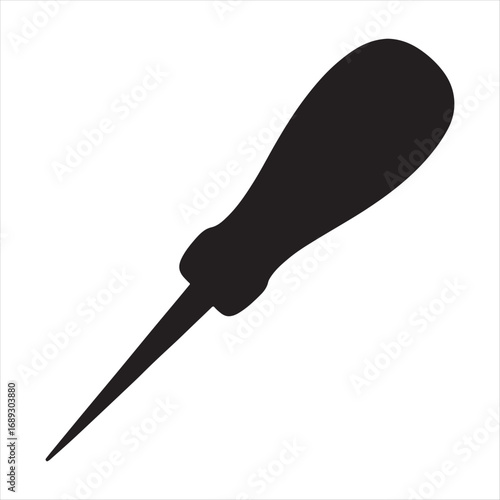 Black silhouette of a sharp pointed awl tool with a rounded handle on a white background