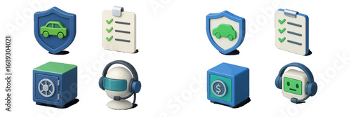 Modern 3D icon collection representing car insurance, financial security, policy checklists, and AI customer support chatbots isolated on white