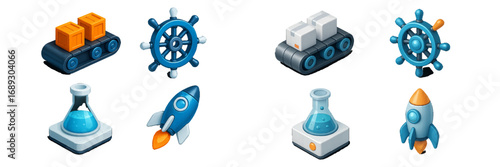 Isometric 3D icon set for business, technology, and logistics featuring conveyor belt, ship helm, rocket launch, and science flask