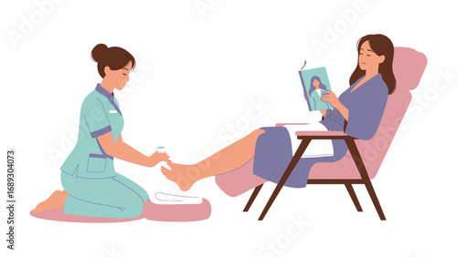 Relaxing pedicure experience woman enjoys reading while technician attends to her feet