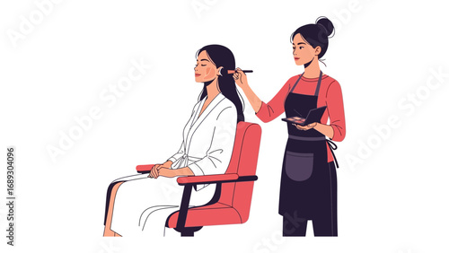 Professional makeup artist applying cosmetic foundation to a seated client in a salon chair