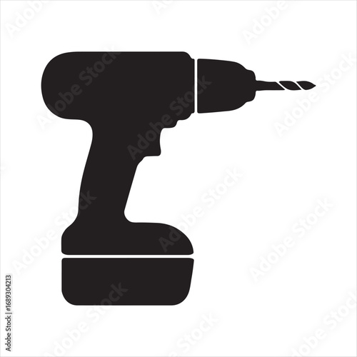 Black silhouette of a cordless electric drill with a drill bit attached ready for use