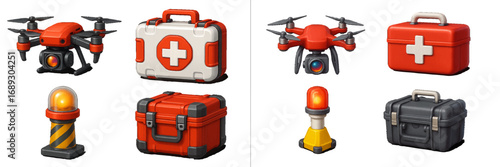 Emergency rescue equipment icon set with drone, first aid kit, siren light, and protective case for safety and medical response