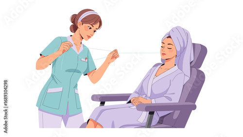 Skincare professional applying treatment to a client relaxing in a spa chair with a towel on her head
