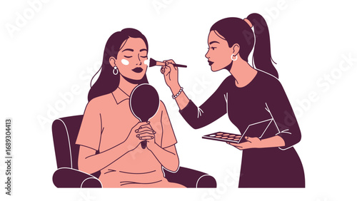 Professional makeup artist applying cosmetics to a client s face with a brush and palette