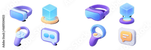 Isometric 3D icon set of virtual reality technology including a VR headset, controller, hologram cube, and chat bubble for metaverse applications