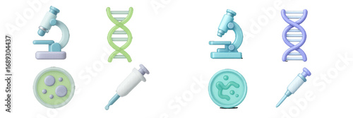 3D science icon set with microscope, DNA helix, petri dish, and syringe for biology, chemistry, and medical research concepts