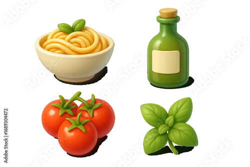 Stylized 3D icon set of classic Italian food ingredients featuring a bowl of pasta, ripe tomatoes, fresh basil, and a bottle of olive oil