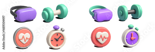 Set of fitness and technology icons including a virtual reality headset, dumbbell, heart rate monitor, and stopwatch for health and workout applications