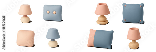 Minimalist home furniture and decor icon set with various table lamps and decorative pillows in a modern pastel color palette