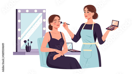 Professional makeup artist applying blush to a client s face in a well lit beauty studio with a vanity mirror