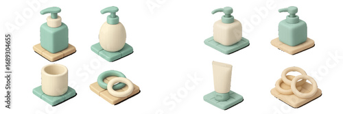 Isometric set of bathroom and cosmetic product containers including a soap dispenser, lotion bottle, and cream tube with abstract shapes