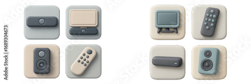 Set of 3D style home entertainment icons featuring television, remote control, speaker, and soundbar for user interface design