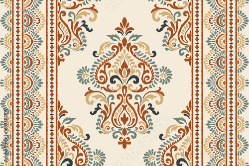 Ethnic floral embroidery Ikat seamless pattern with ornamental damask design, decorative vintage textile border and traditional folk art motif for fabric, wallpaper, fashion, and home decor.