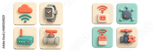 3D icon set for smart home technology, IoT, and connectivity with cloud, router, smartwatch, and smart plug symbols