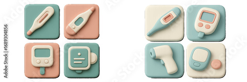 Set of 3D medical icons featuring digital thermometers and blood glucose glucometers for healthcare app and web design elements