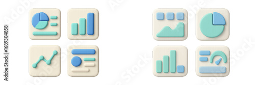 3D data analytics icon set with chart and graph symbols for business reports and user interface design isolated on white