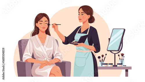 Professional makeup artist applying cosmetics to a smiling woman in a salon setting with mirrors and brushes