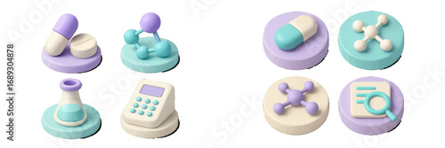 3D science and medical icon set with molecule, pill, flask, and research symbols for healthcare and technology concepts