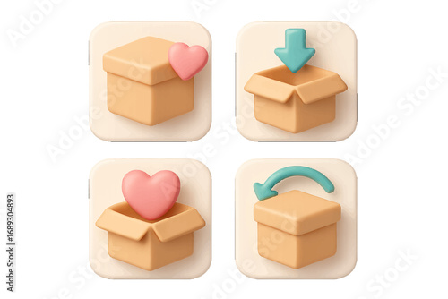 Set of 3D e-commerce icons for online shopping featuring a delivery box, unboxing symbol, return arrow, and a heart for favorite items
