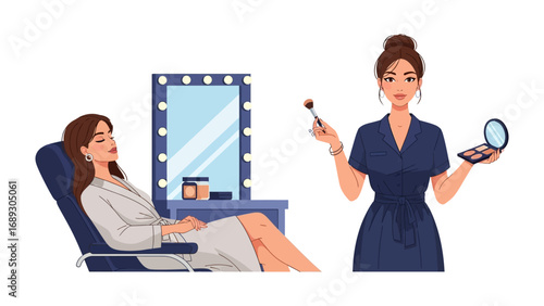 Professional makeup artist applying cosmetics to a client in a beauty studio with a lighted mirror