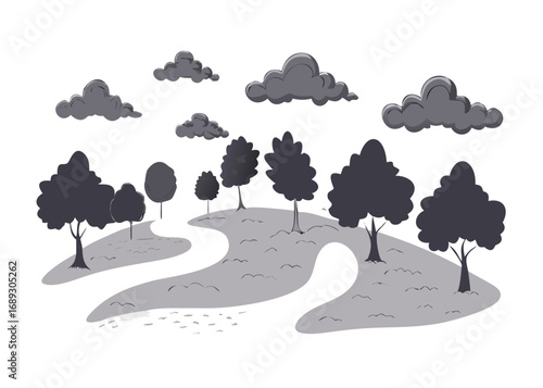 Minimalistic vector landscape silhouettes with various tree shapes and winding paths under overcast cloudy skies, outline style cartoon illustration collection for nature environment concepts .icon
