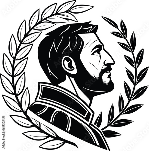 Profile portrait of a bearded man in a laurel wreath illustration