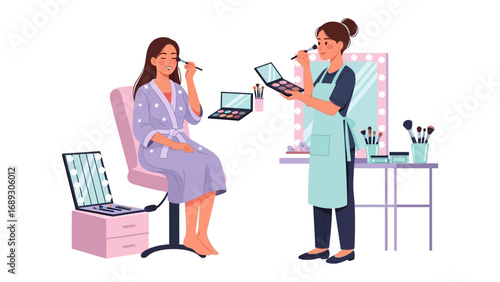 Professional makeup artist applying cosmetics to a client in a well lit studio with beauty tools and equipment