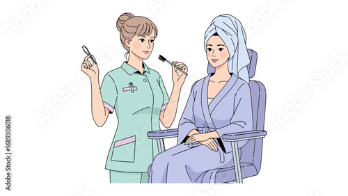Professional makeup artist applying cosmetics to a client in a spa setting with towel wrapped hair