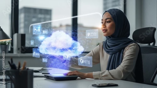 Futuristic workspace concept, woman in hijab interacts with cloud based digital interface