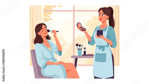 A professional makeup artist applies cosmetics to a client in a bright airy salon setting