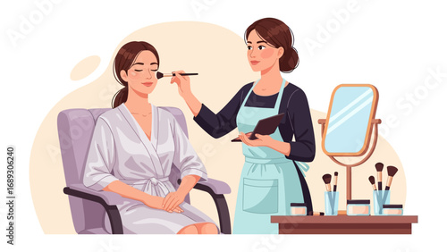 Professional makeup artist applying foundation to a client in a salon setting with beauty tools