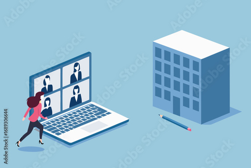 Woman running towards a laptop showing a video conference with colleagues and a building nearby