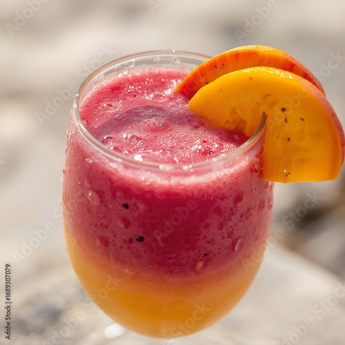 Refreshing Summer Peach and Berry Smoothie in Glass, Close-Up
