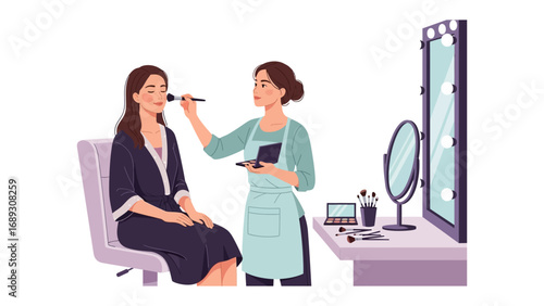 Professional makeup artist applying cosmetics to a client in a salon setting with tools and mirror
