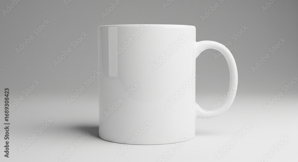 Fototapeta premium A pristine white ceramic coffee mug with a handle, standing on a reflective surface against a soft grey background.