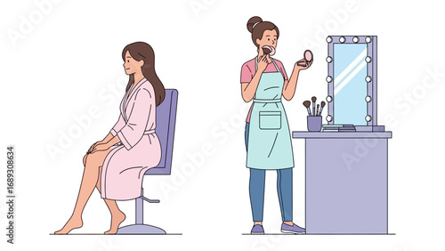 Stylist applying makeup to a seated woman in a salon with a mirror and tools