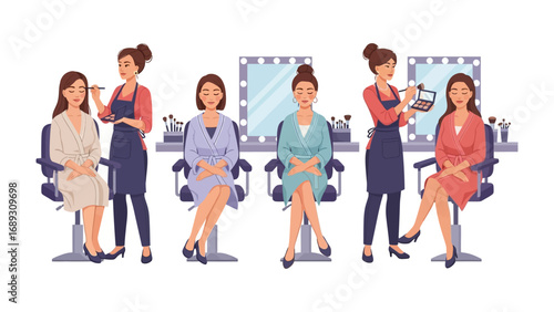 Skilled makeup artists meticulously apply cosmetics to clients in a brightly lit salon setting with mirrors