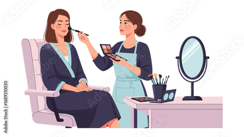 Professional makeup artist applying cosmetics to a client seated in a chair with a vanity and mirror nearby